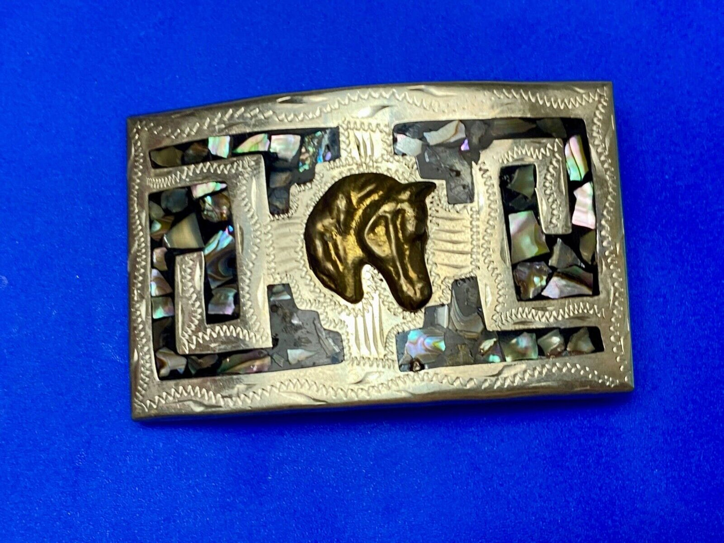 Vintage horse head on abalone shell inlay artist stamped western belt buckle