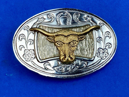Texas Long Horn Cow Steer Cattle raised western belt buckle - Made in Japan 