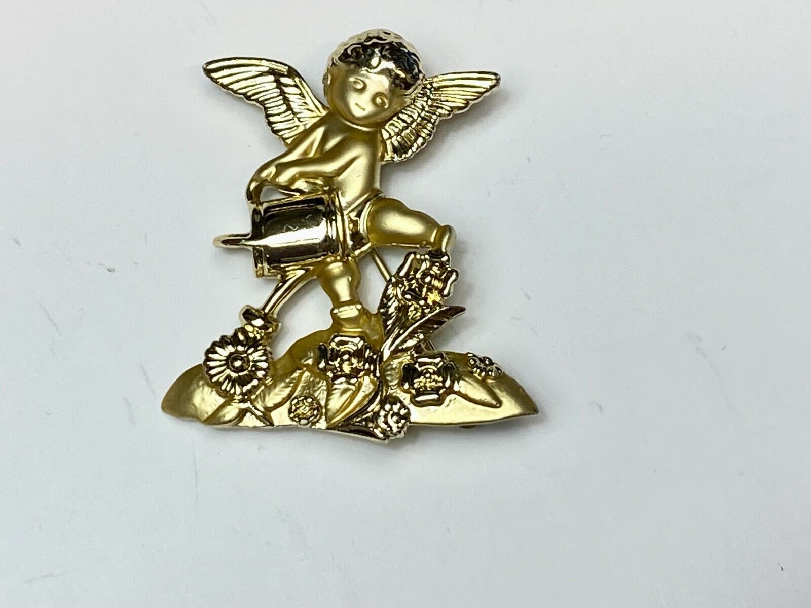 Angle Watering Flower Garden Plants Cupid Brooch Pin Signed AJC 