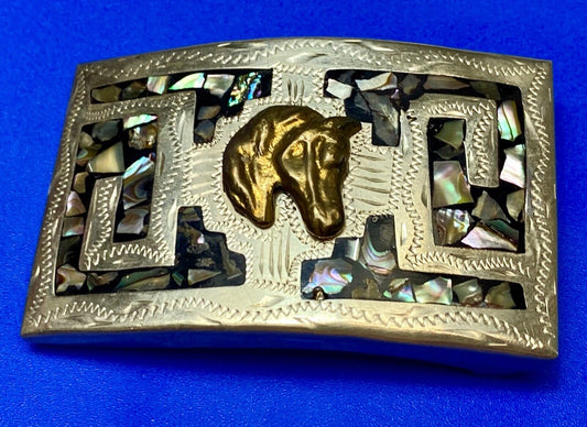 Vintage horse head on abalone shell inlay artist stamped western belt buckle
