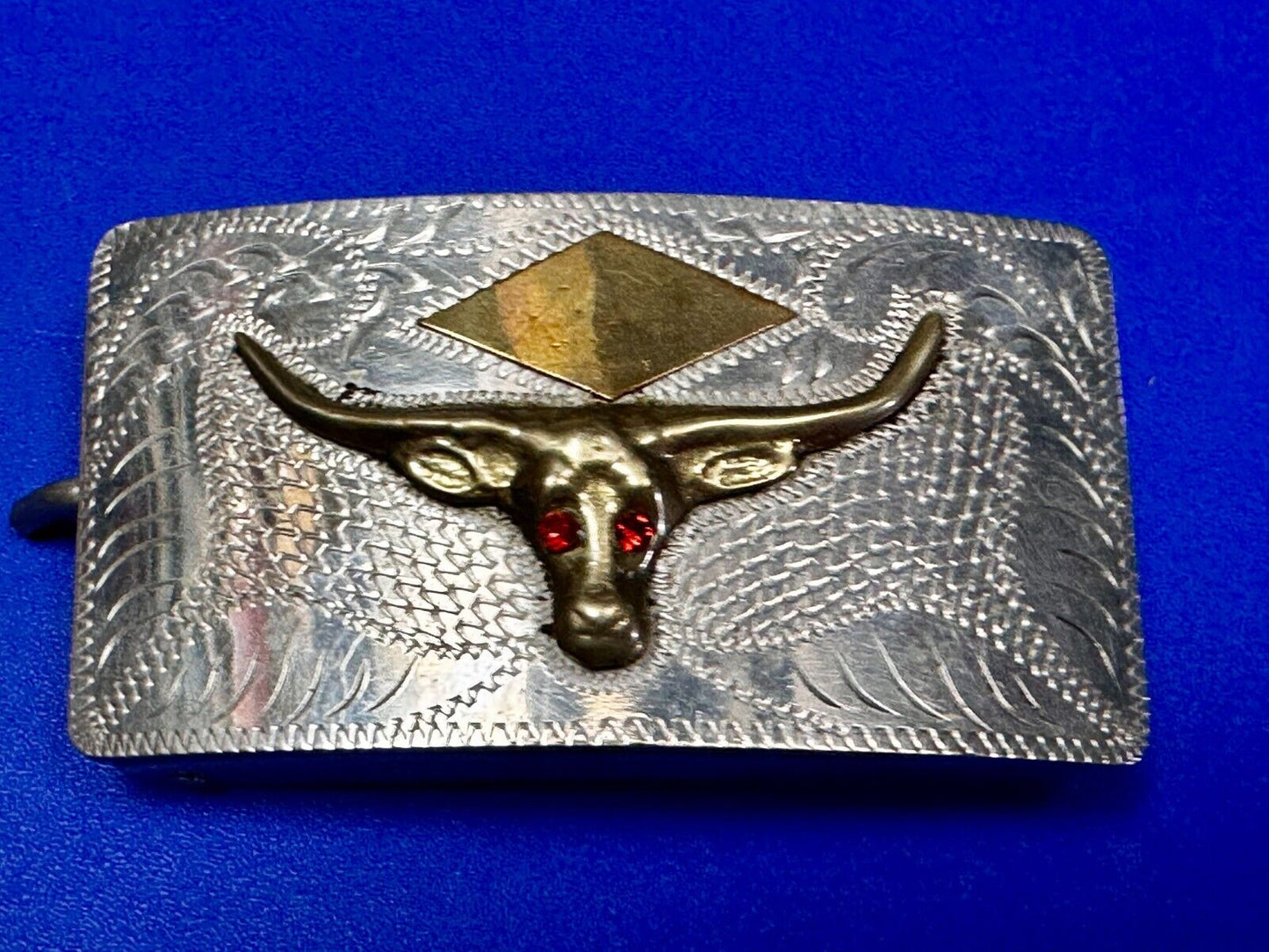 Antique Longhorn Vintage Silver & Gold Tone? Engraved Belt Buckle  Red Ruby Eyes