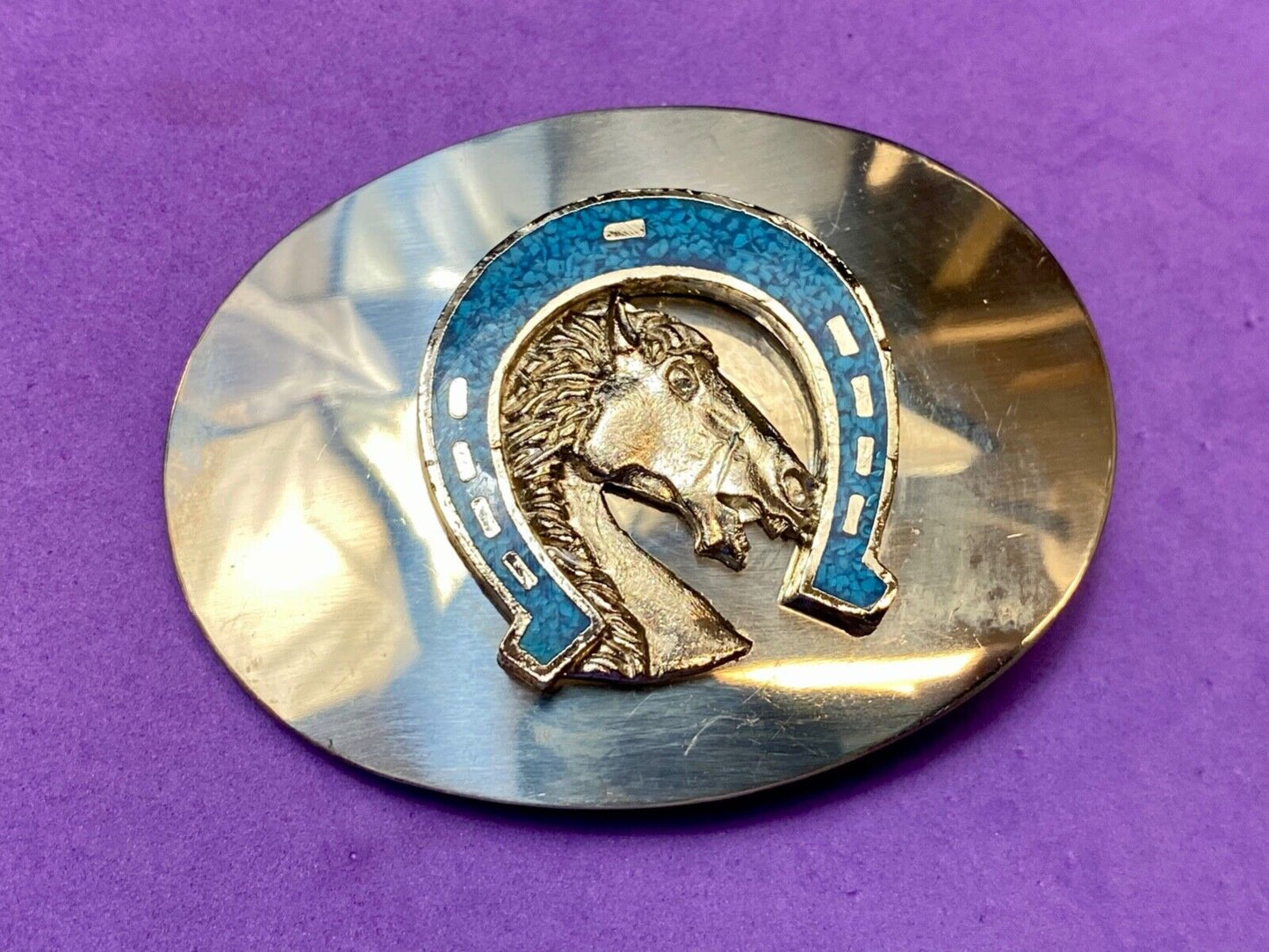 Vintage Horse head in Turquoise chip inlaid Horseshoe reflective belt buckle