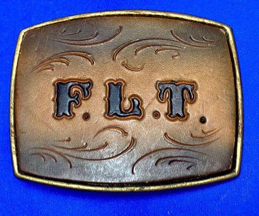Vintage Initials Letters F. L. T.  leather and brass tone western belt buckle