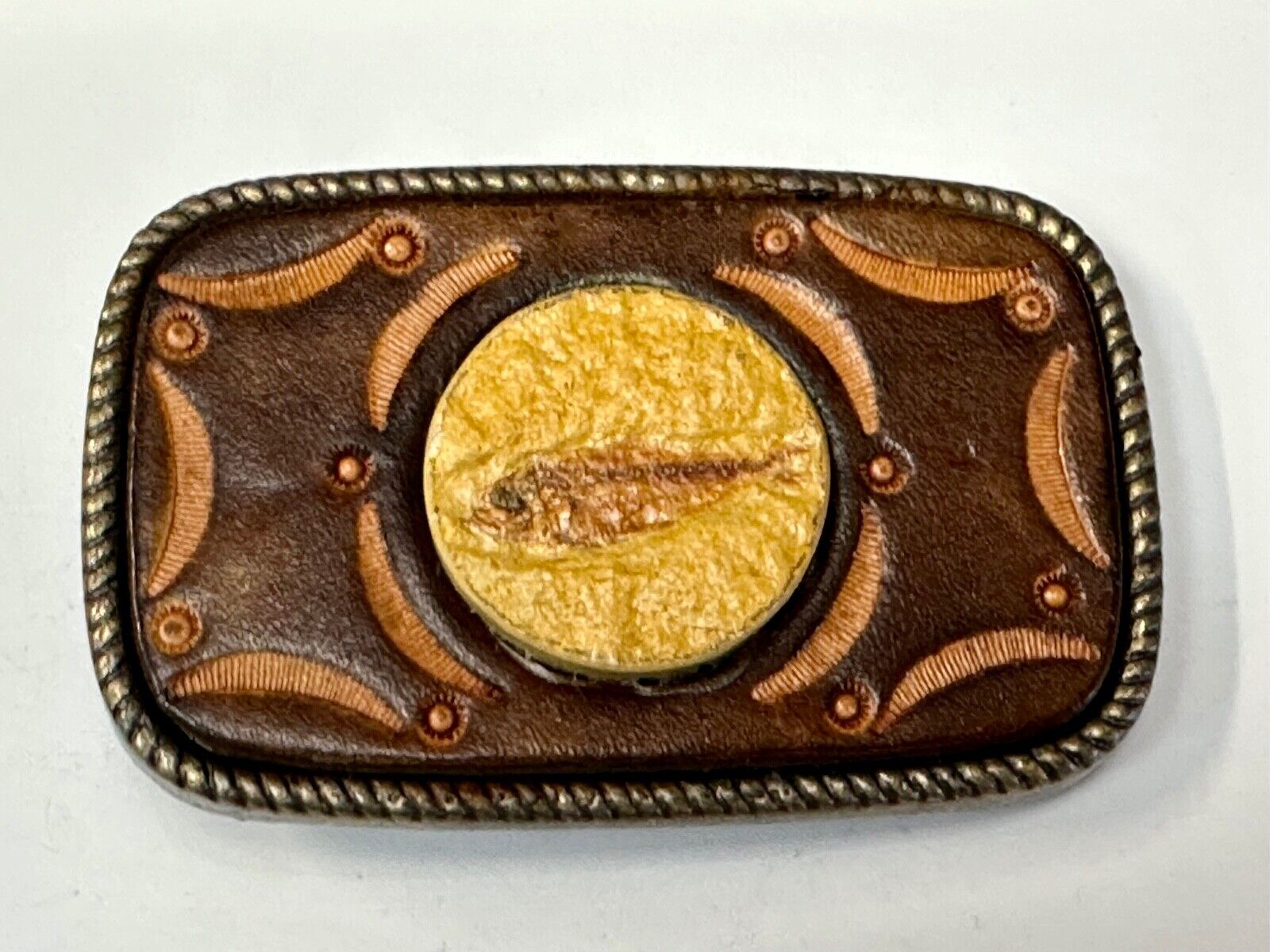 Unique artisan FISH drawing as centerpiece belt buckle - faux? leather backing