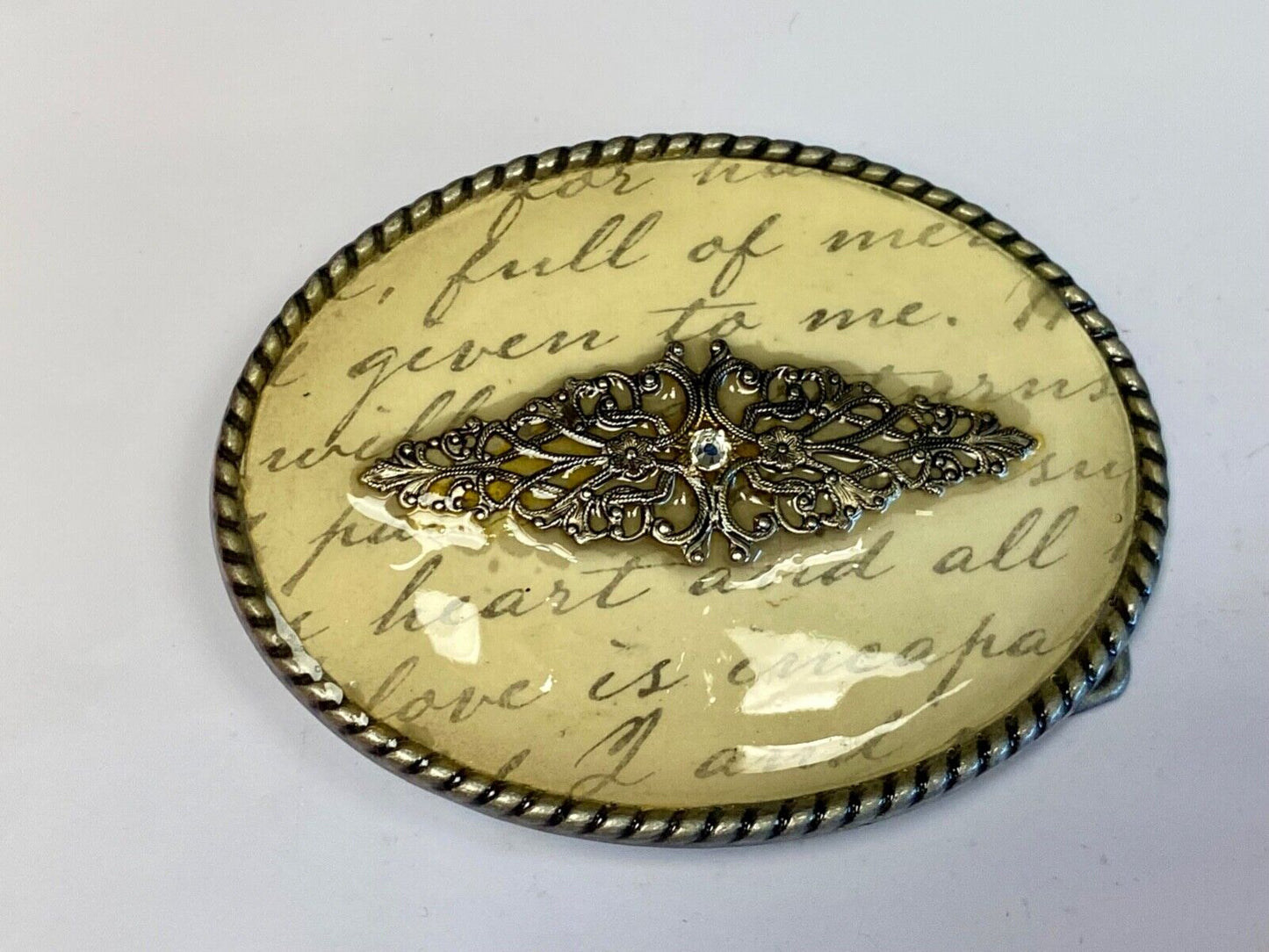Vintage Ivan Oval Words Poem Belt Buckle With Gold Tone Centerpiece Belt Buckle