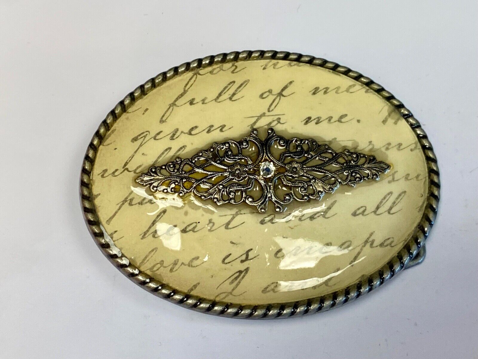 Vintage Ivan Oval Words Poem Belt Buckle With Gold Tone Centerpiece Belt Buckle