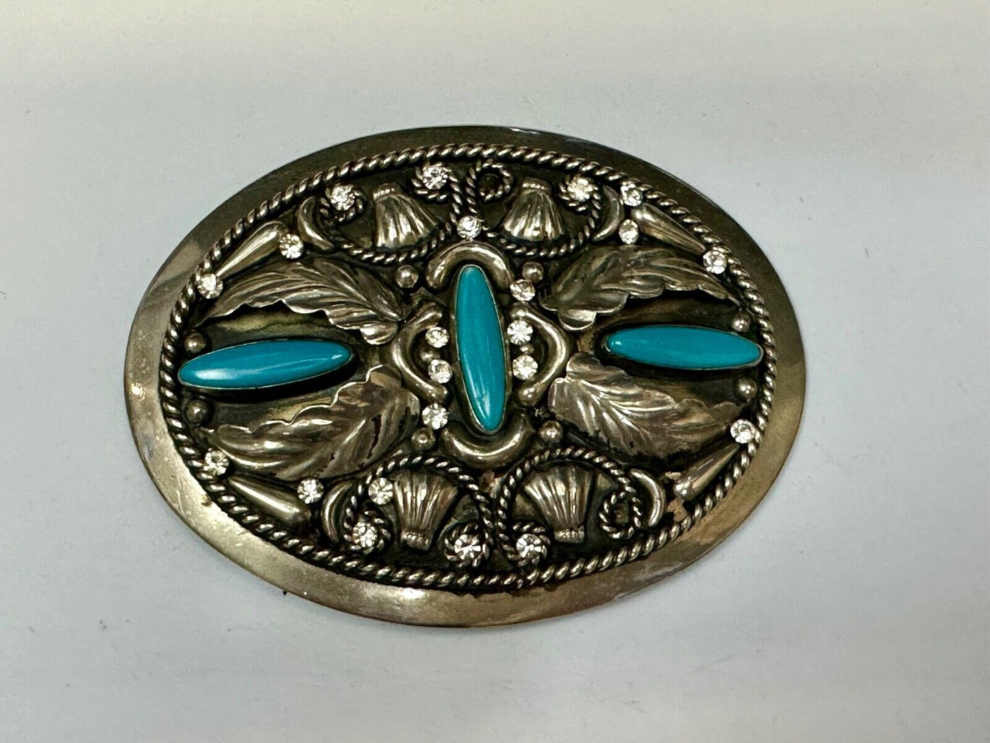 Vintage Faux Turquoise and Feather's Beautiful Alpaca Mexico Stamped Belt Buckle