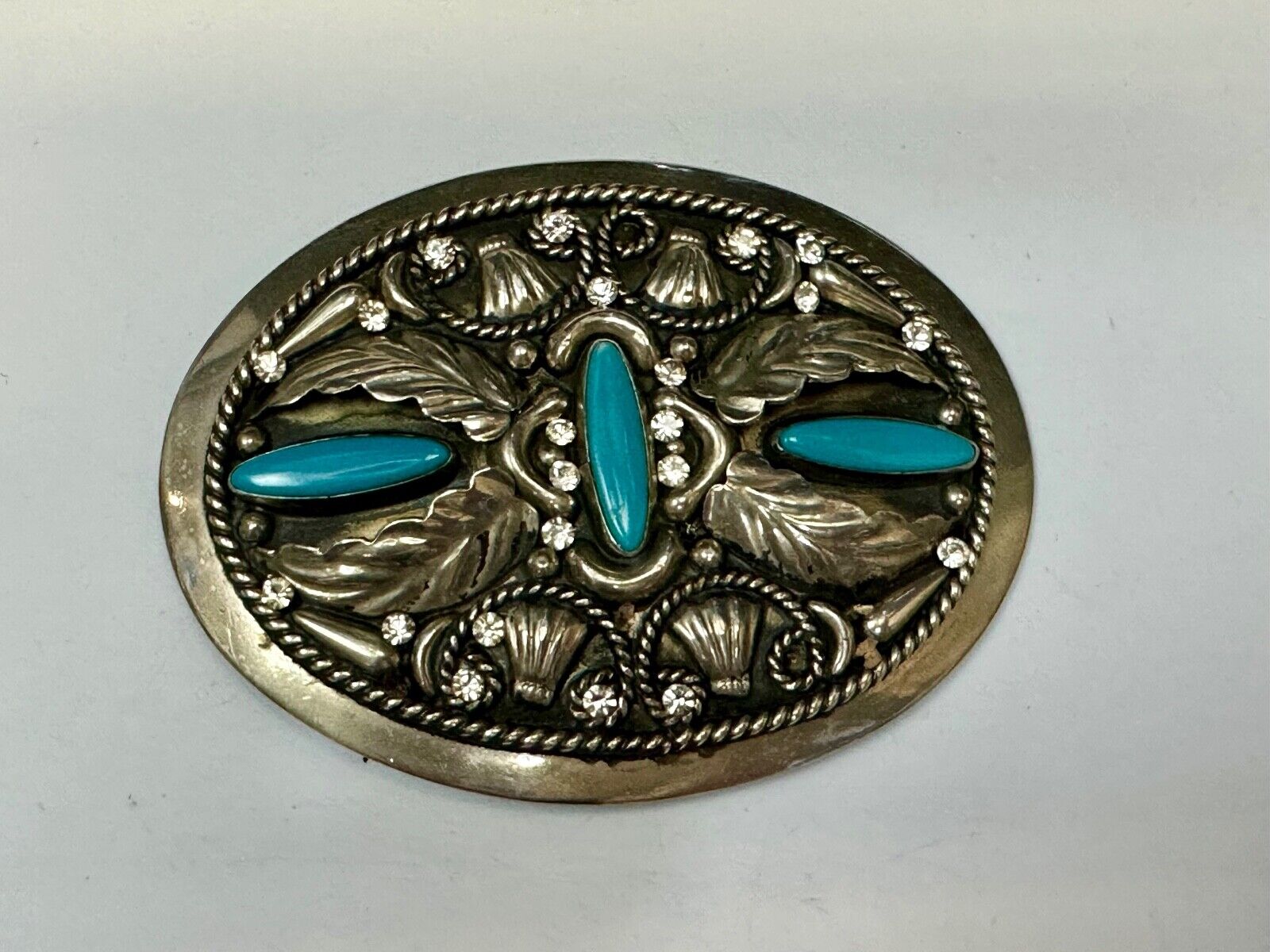 Vintage Faux Turquoise and Feather's Beautiful Alpaca Mexico Stamped Belt Buckle