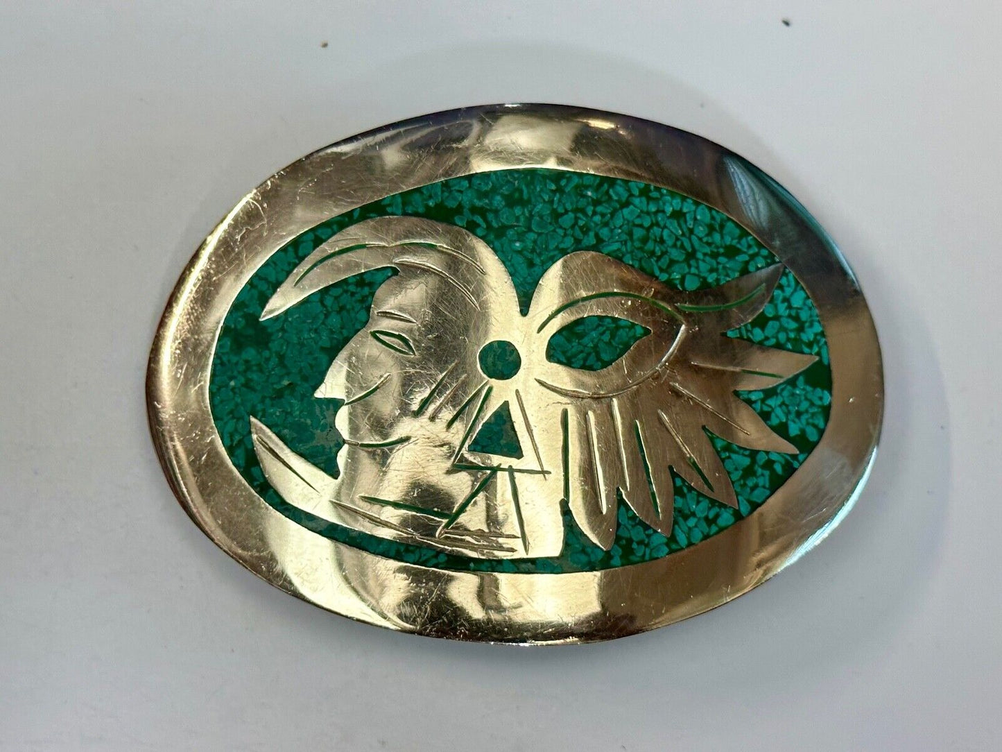 Tribal Face - Inlaid Turquoise chip to Alpaca stamped oval Belt Buckle