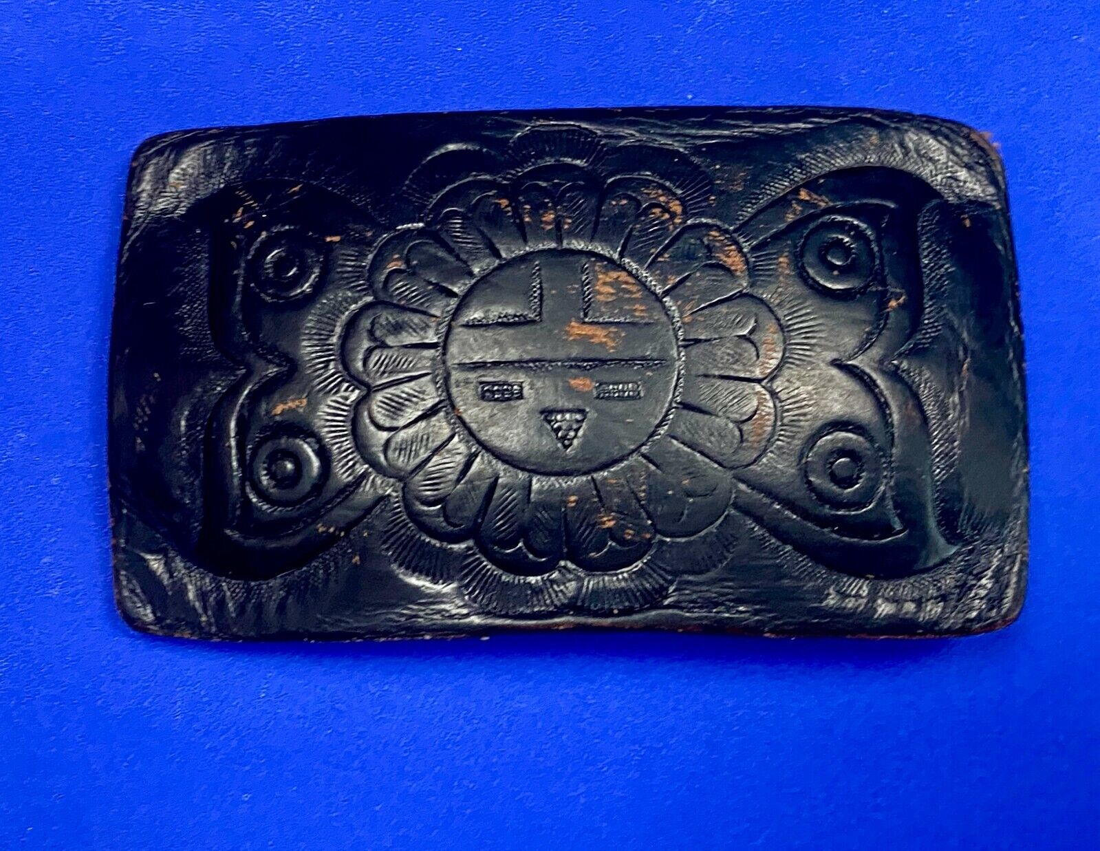 Vintage Black Leather Flower Pattern Belt Buckle