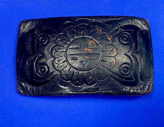Vintage Black Leather Flower Pattern Belt Buckle