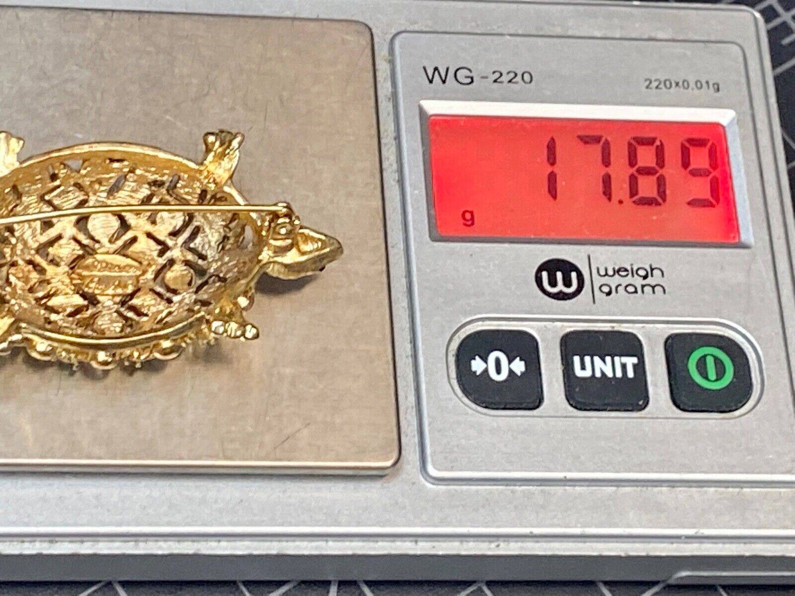 Turtle - Vintage Green Rhinestone Accented Gold Tone Brooch Pin by Allison Reed