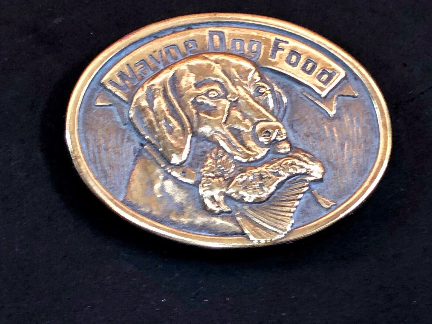 1980's Wayne Dog Food Belt Buckle Lab Bird Hunting Dog 50th Anniversary