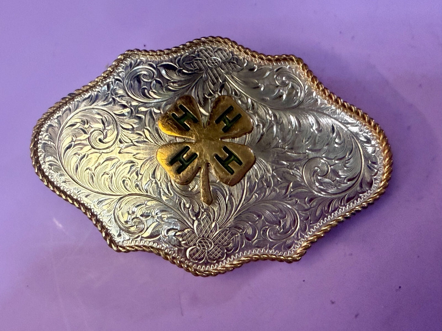 4H Leaf Swirl Ornate German Silver Montana Silversmiths Belt Buckle
