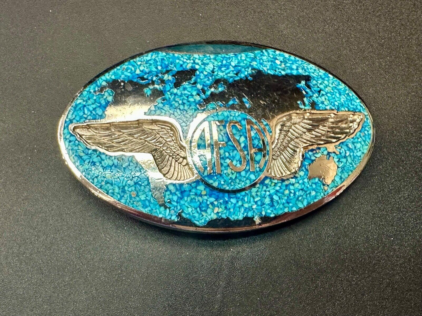 Air Force Sergeants Association AFSA Turquoise Chip inlaid oval belt buckle