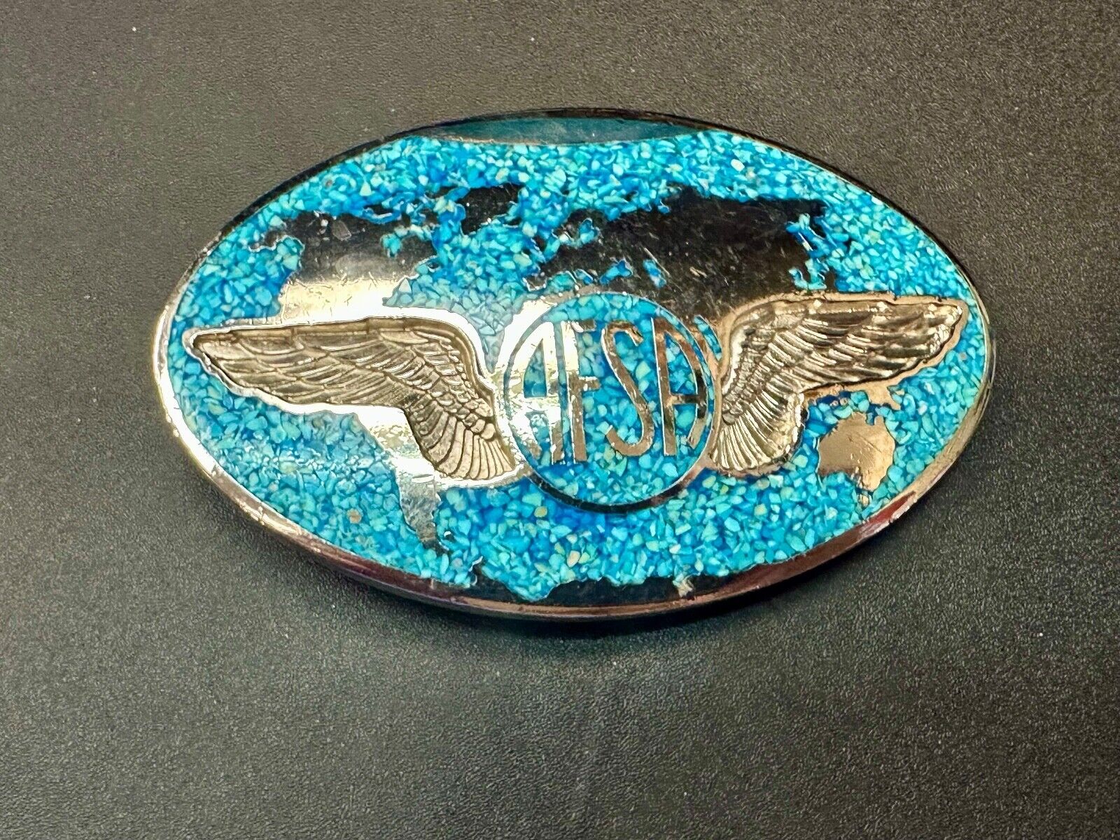 Air Force Sergeants Association AFSA Turquoise Chip inlaid oval belt buckle
