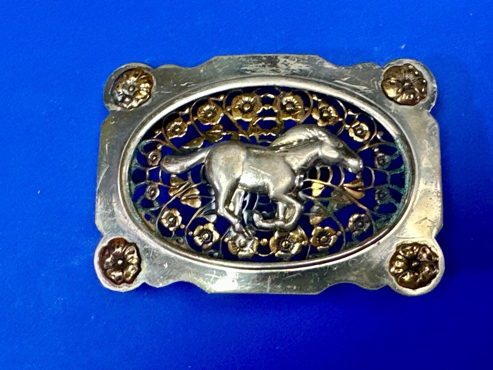 Unique Running Horse in ornate cutout see through vintage two tone belt buckle