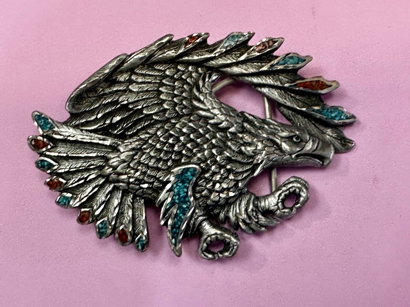 Turquoise Coral Cut Out Hunting Attacking Eagle 2002 Enchantment Belt Buckle
