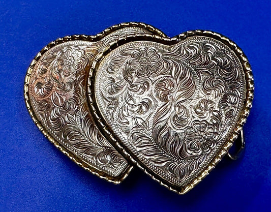 Twin Dual Hearts Flower Swirl Floral Theme Etched Western Belt Buckle W USA