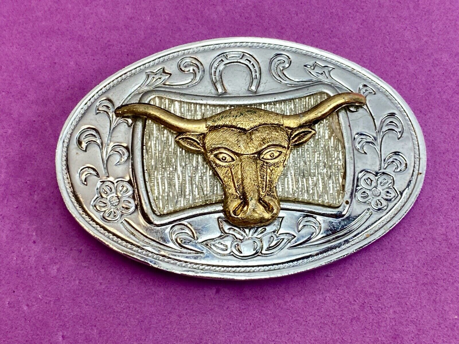 Texas Long Horn Cow Steer Cattle raised western belt buckle - Made in Japan 