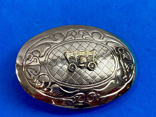 USA Made vintage western covered wagon engraved mixed metal belt buckle 