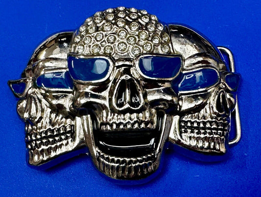 Three Skull's Heads Rhinestone Accented W/ Blue Shades Silver Tone Belt Buckle