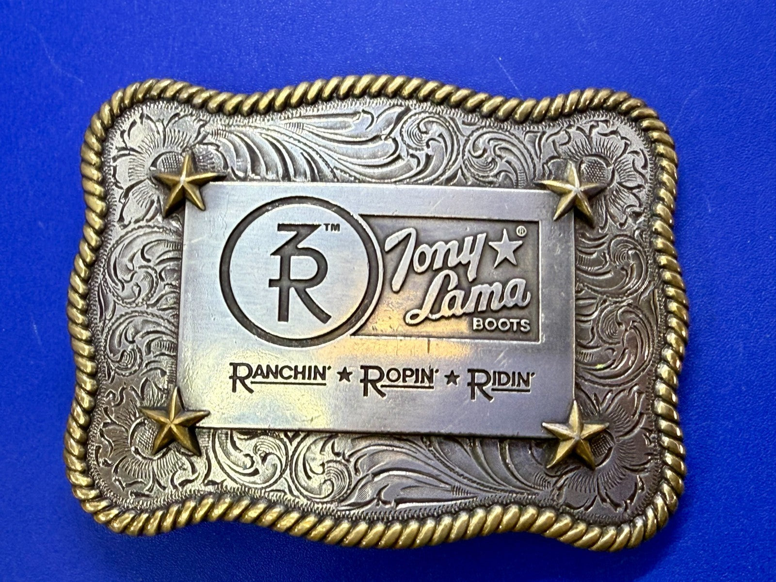 3R Ranch Ropin Ridin Gold Silver Tone Promotional Western Tony Lama Belt Buckle
