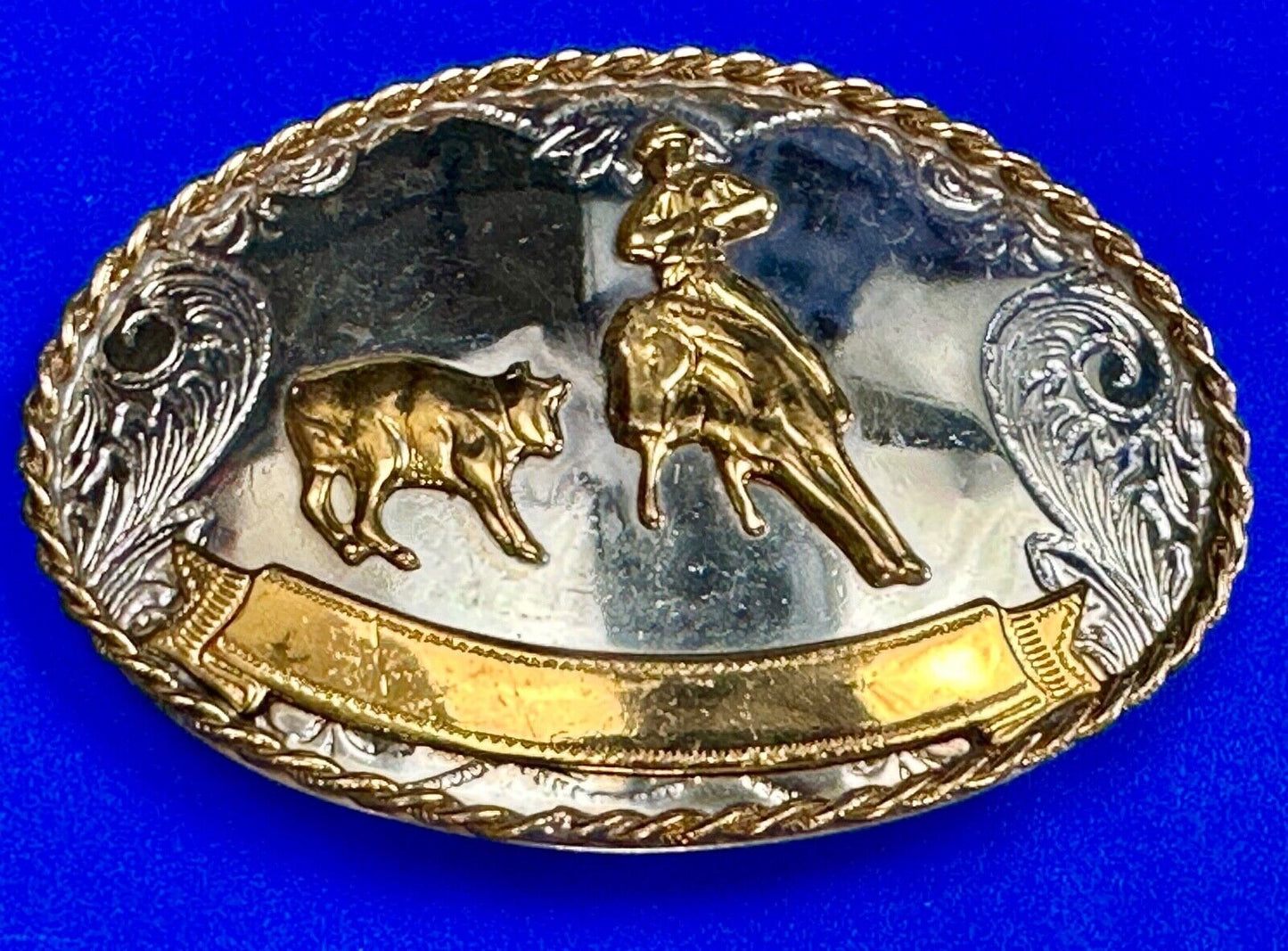 Vintage German Silver Rodeo Cowboy With Blank Award Trophy Ribbon belt buckle