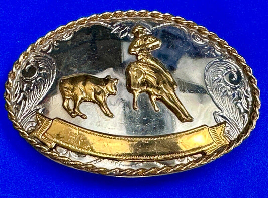 Vintage German Silver Rodeo Cowboy With Blank Award Trophy Ribbon belt buckle