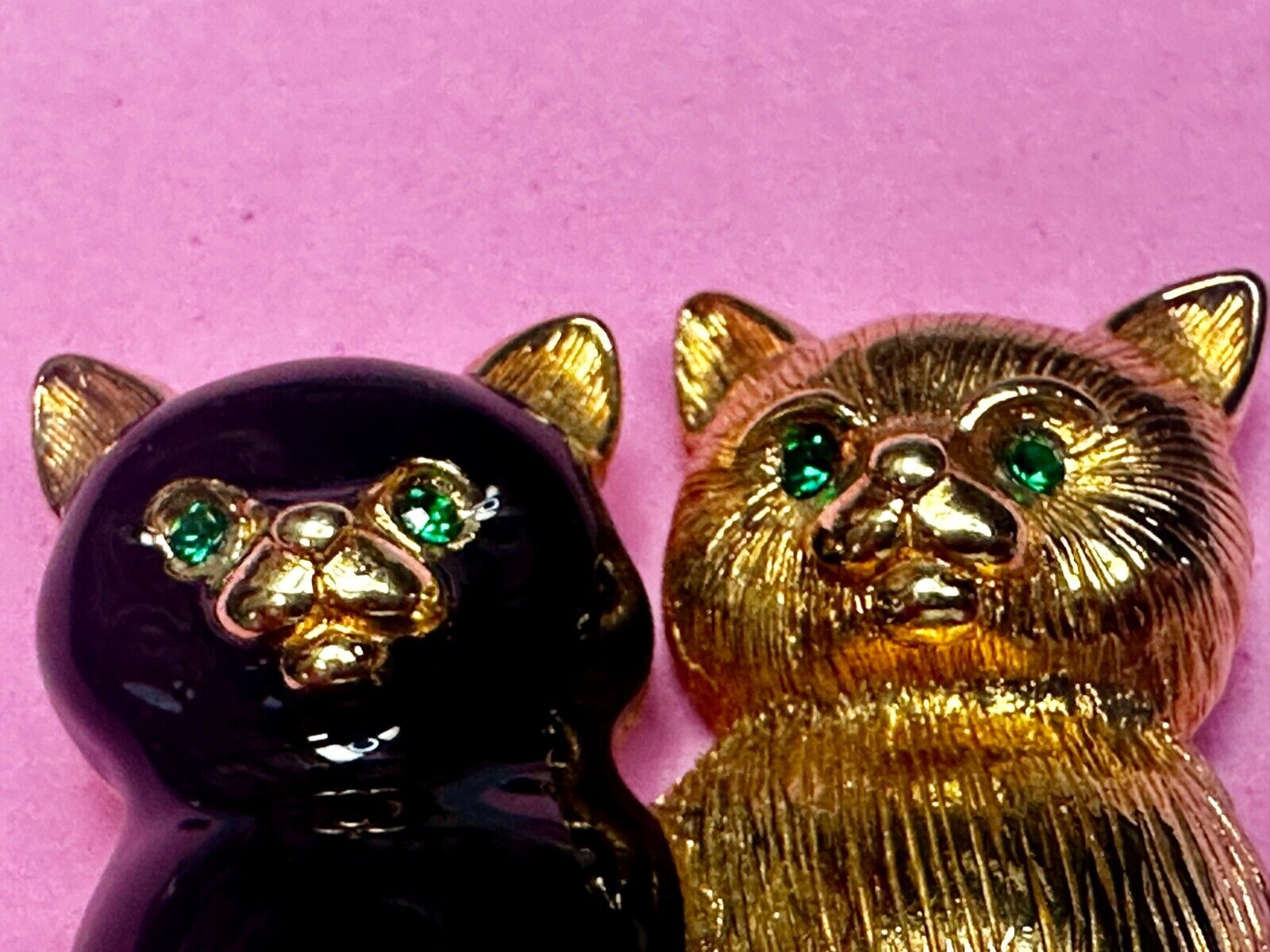 Two Sitting Cats Green Eyes, Black & Gold Kittens Brooch Pin Signed Swarovski
