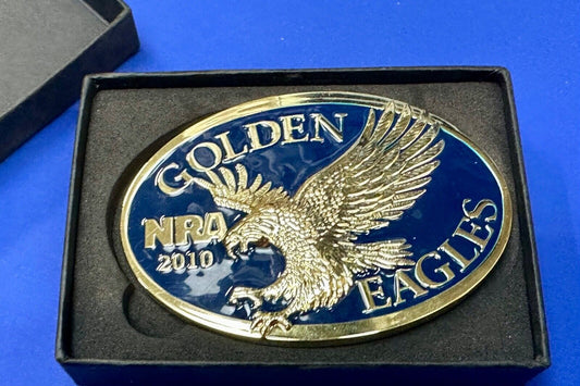 2010 NRA National Rifle Association Golden Eagle blue ribbon belt buckle in box
