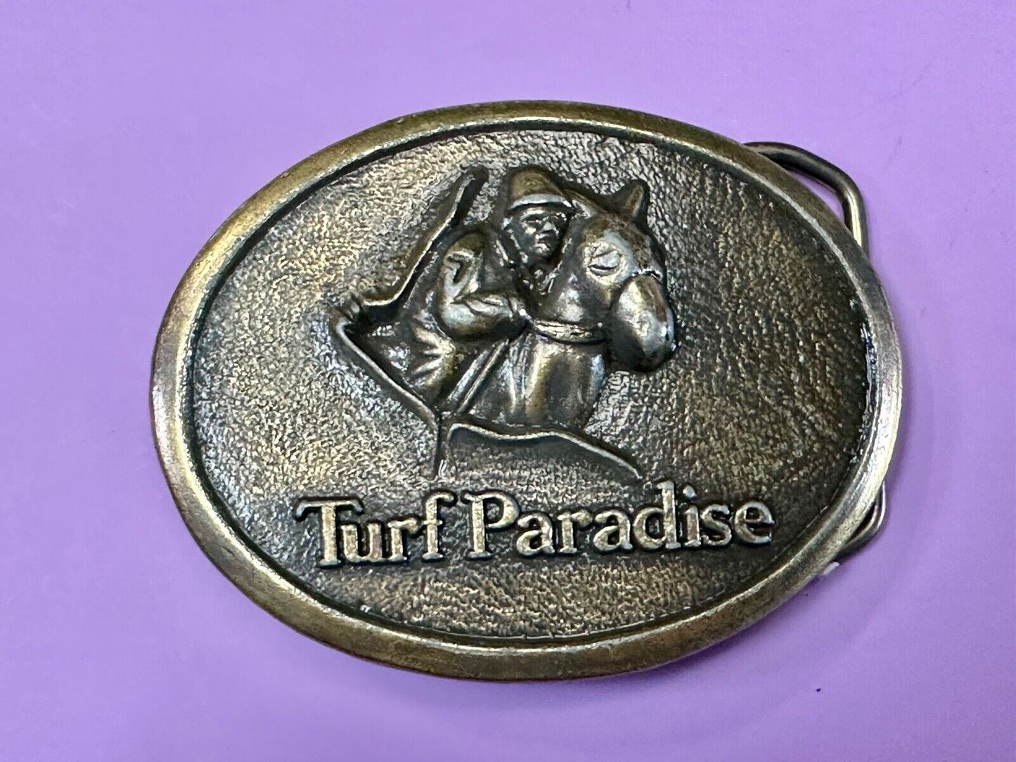 TURF PARADISE ARIZONA HORSE RACING TRACK VINTAGE BRASSTONE BELT BUCKLE