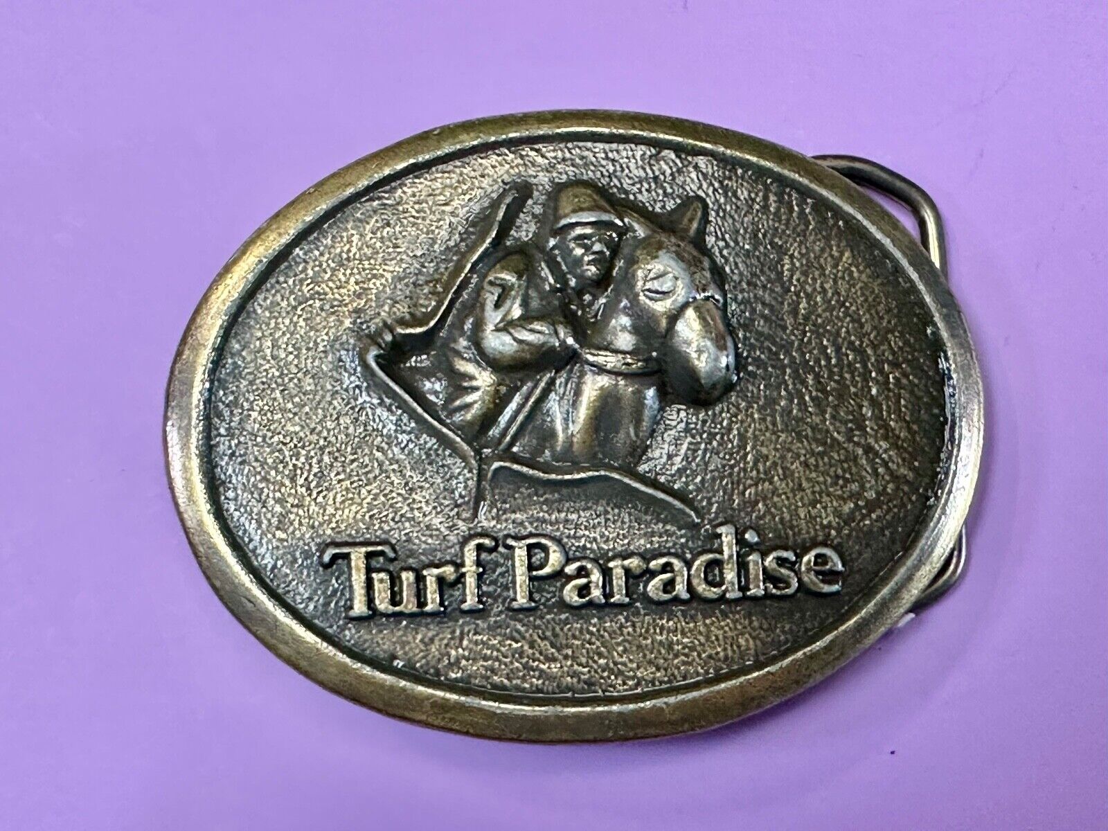 TURF PARADISE ARIZONA HORSE RACING TRACK VINTAGE BRASSTONE BELT BUCKLE