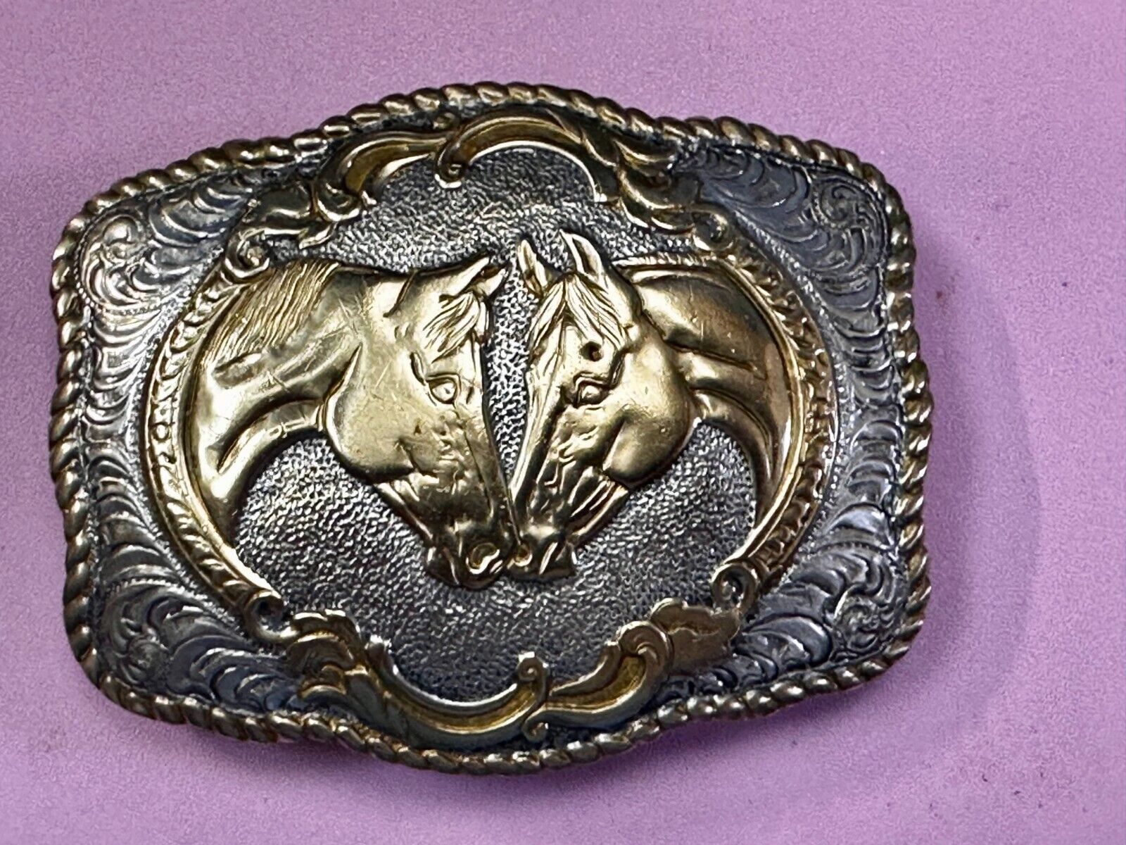 Two Horse Heads Vintage Crumrine Two Tone Western Belt Buckle
