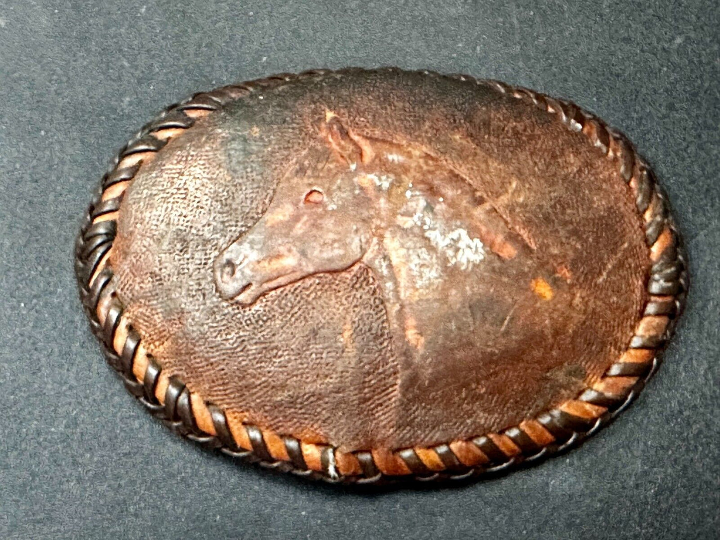 Vintage Horse Head On Brown Leather Belt Buckle to restore!