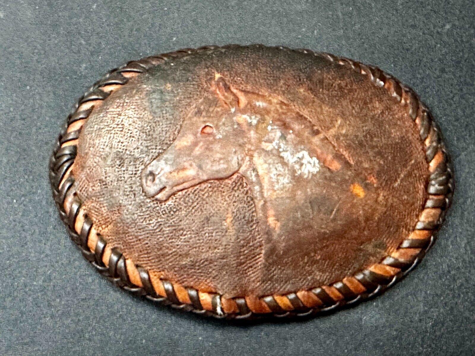 Vintage Horse Head On Brown Leather Belt Buckle to restore!