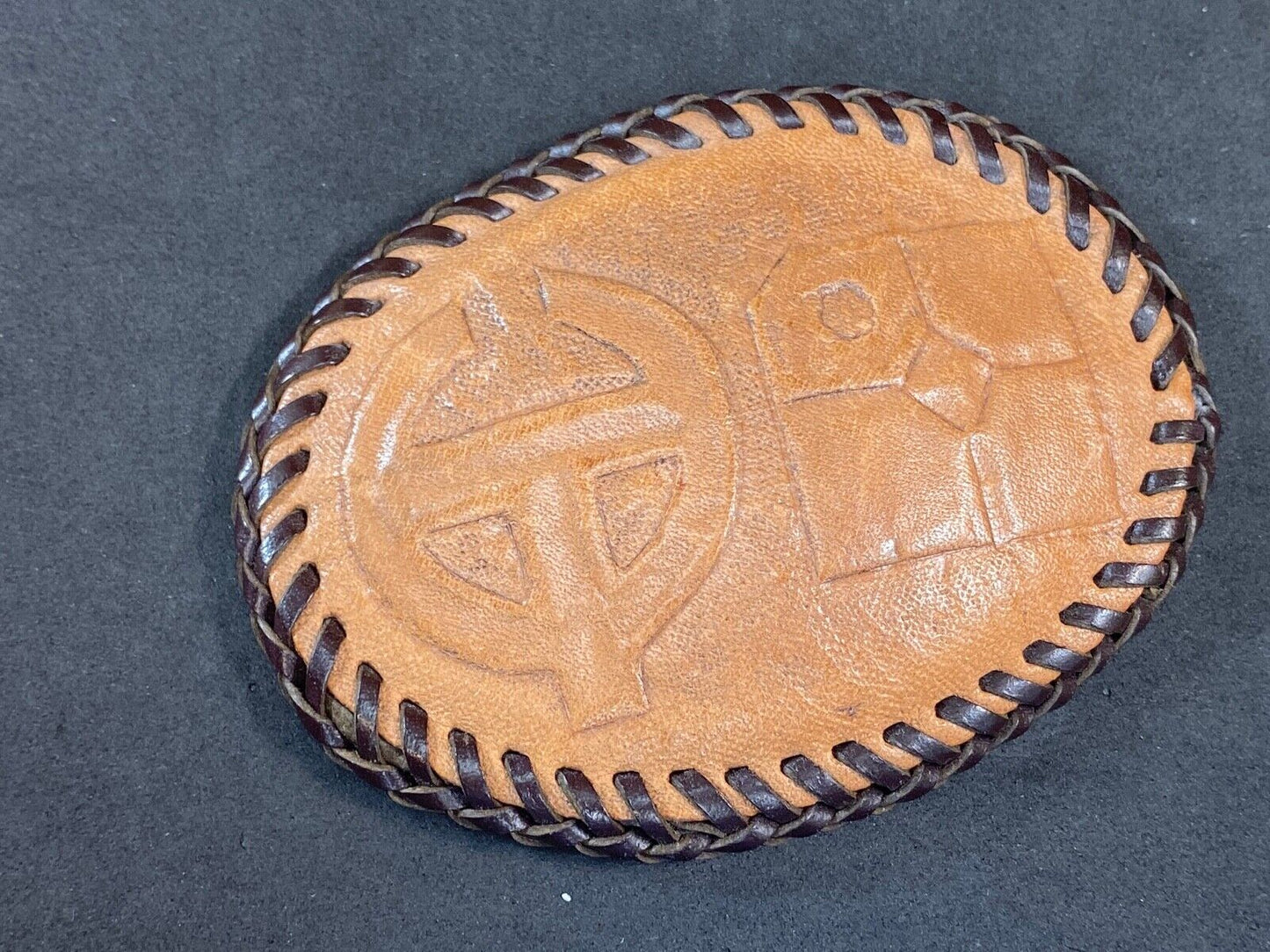Vintage - Leather stitched belt buckle with Oil? company logo 