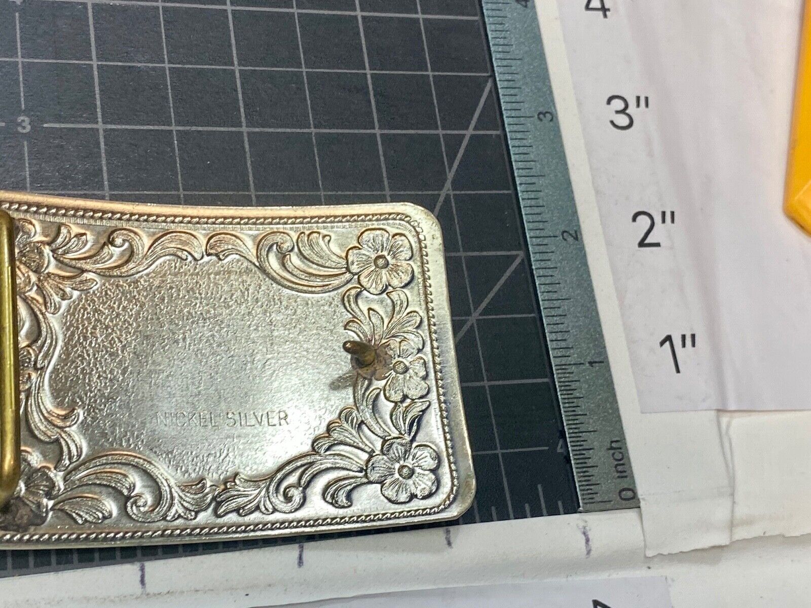 Antique Horse western Nickle Silver and black paint flower swirl belt buckle 