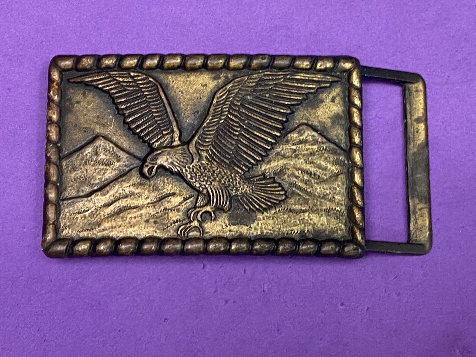 Hunting, Diving Flying Patriotic Eagle Over Mountain Range Belt Buckle 