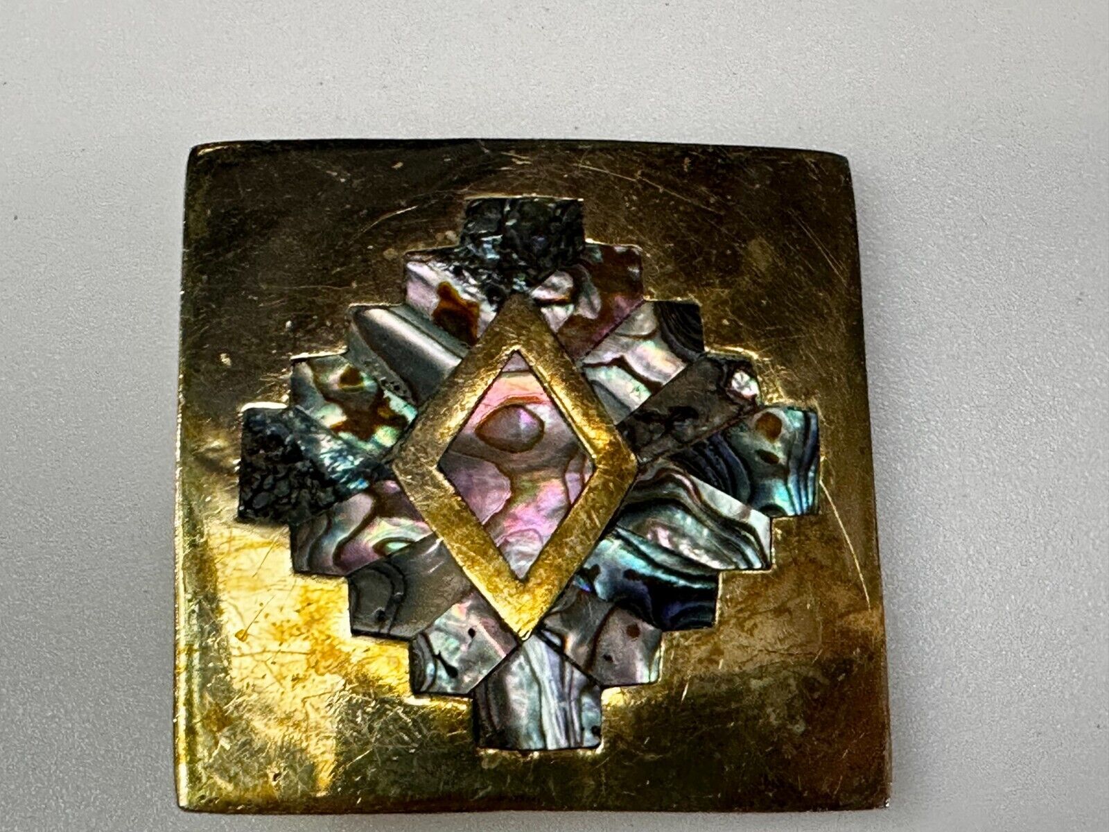 Vintage Inlaid Abalone Shell Into Solid Brass Hippy Vibe Alpaca? Belt Buckle