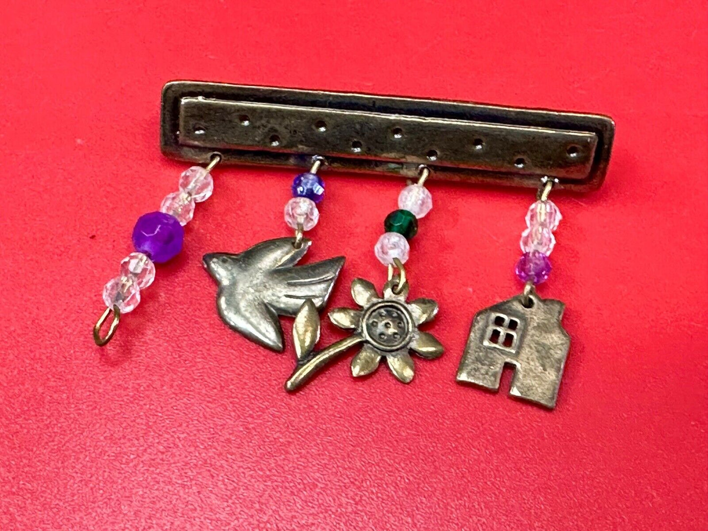 avon signed dangle brooch pin -  Dove stunflower house - missing a charm