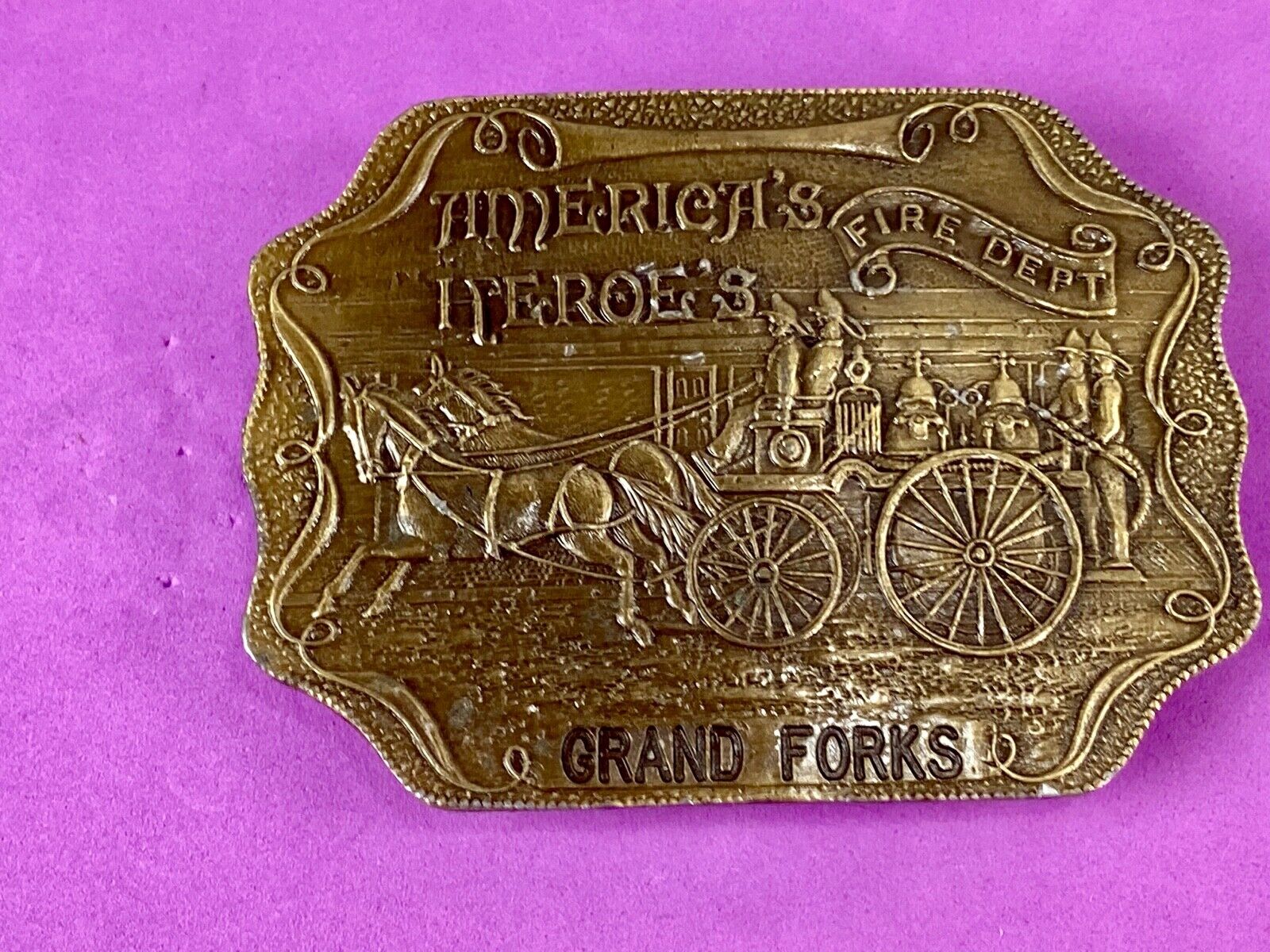 America’s Heroes FIRE DEPT Grand FORKS Fire Fighters belt buckle bottle opener