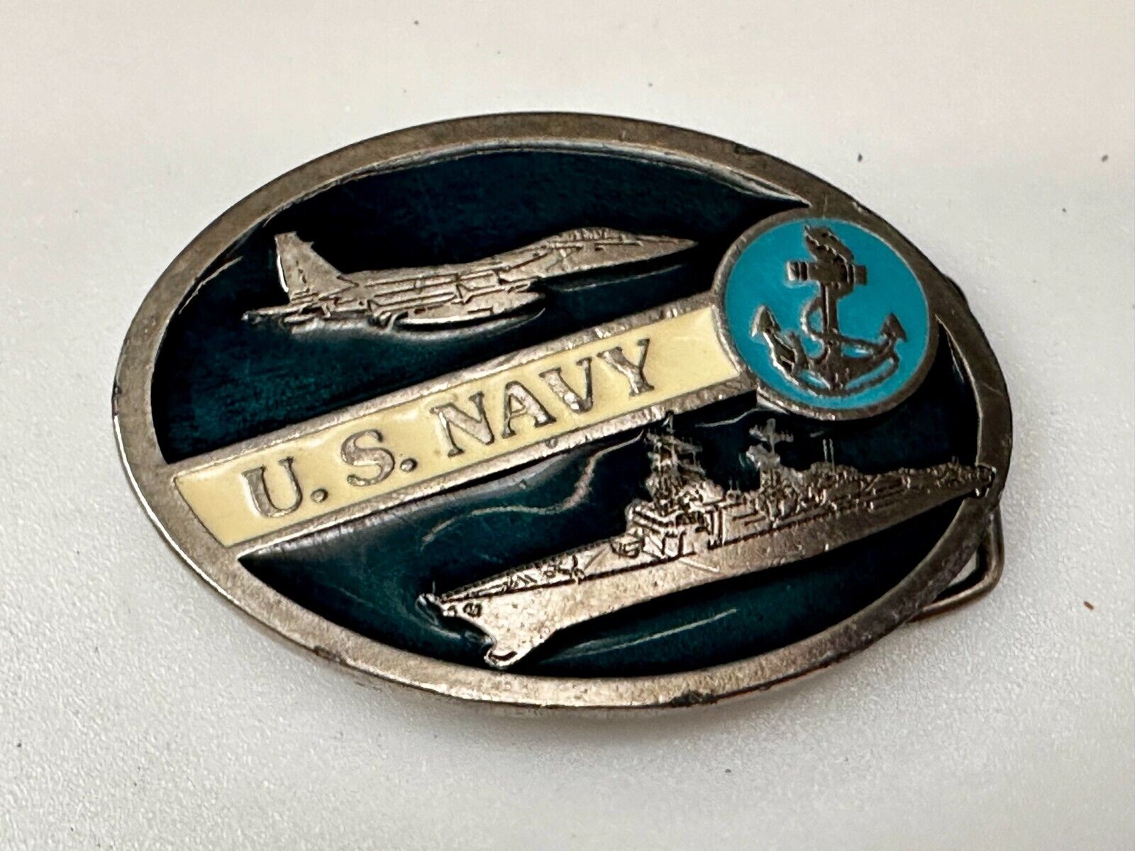 US Navy Fighter Jet Battleship Blue Anchor Vintage 3" Wide Belt Buckle #2260