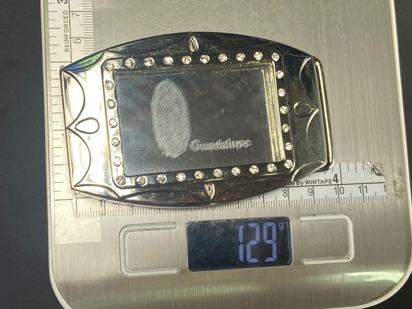unique Mirrored Guadalupe with rhinestones silver color Hologram belt buckle