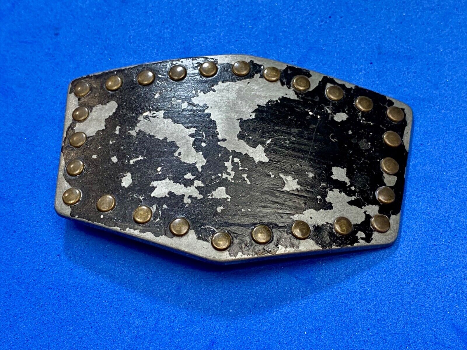 used metal studded black faded paint belt buckle for your craft or project
