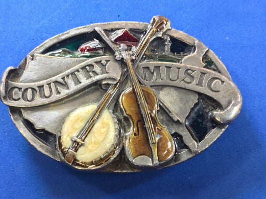 Vintage enamel  COUNTRY MUSIC tribute E-29  Pewter Belt Buckle     