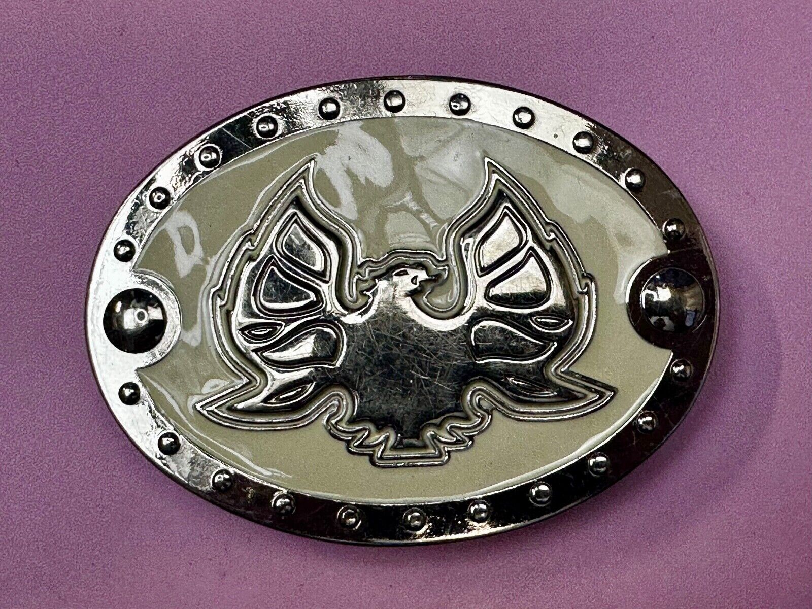 Thunderbird Eagle? Cream Color Enamel Studded Oval Silver Tone Belt Buckle