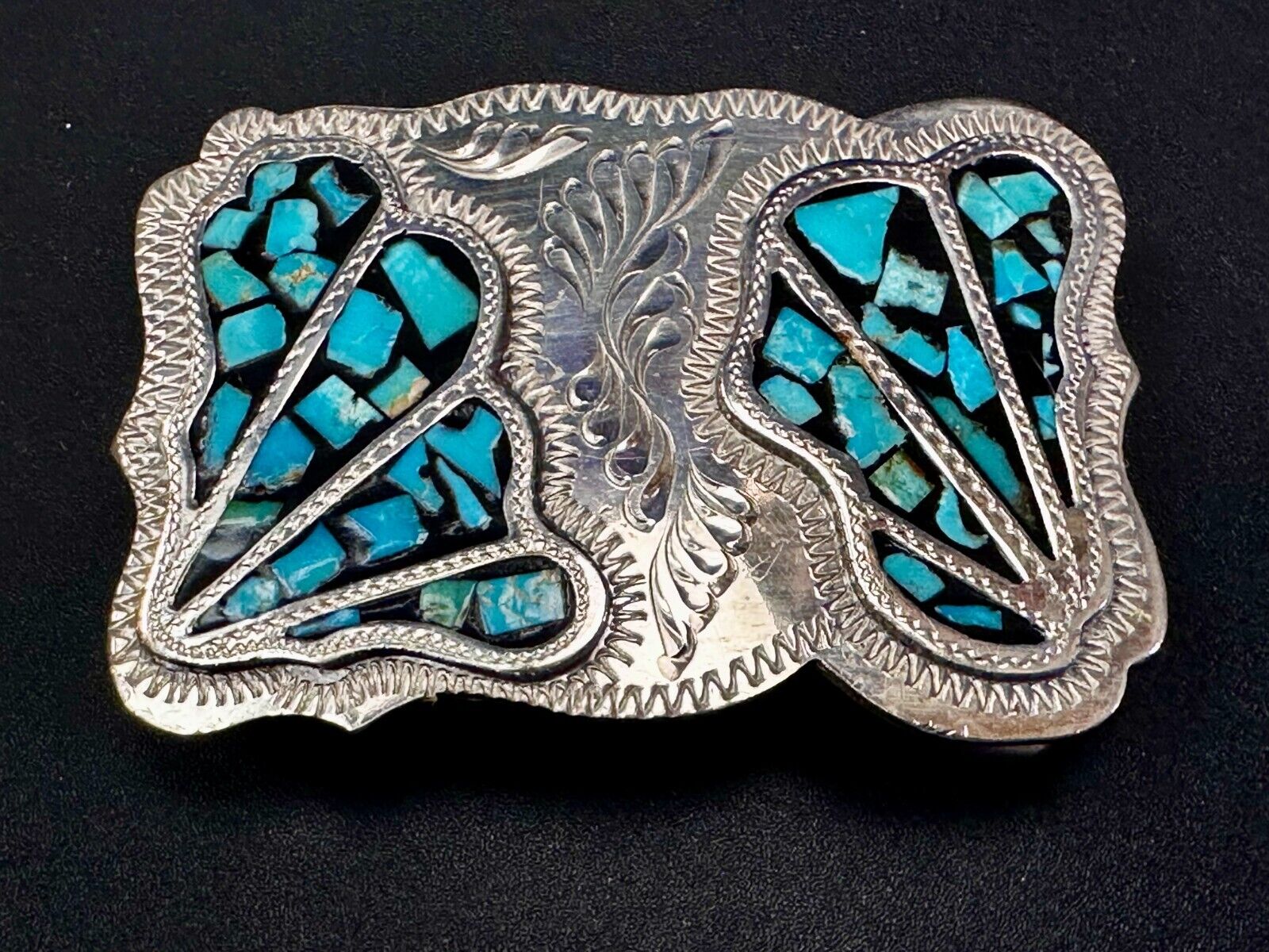 Turquoise Coral Stone Chip Inlay Hand Made Wil-Aren Western Jewelry Belt Buckle