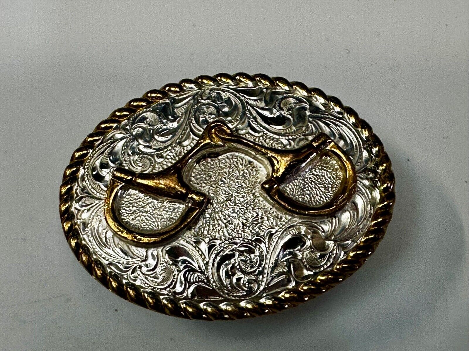 Vintage Crumrine 2" Wide Small Two tone Belt Buckle Engraved Swirl Design