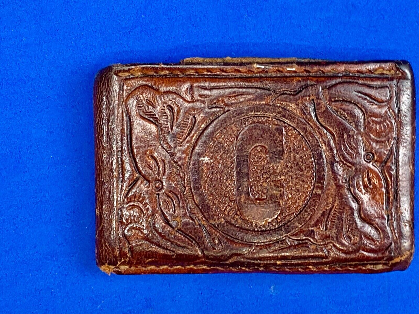 Vintage Leather stitched initial letter monogram C belt buckle 